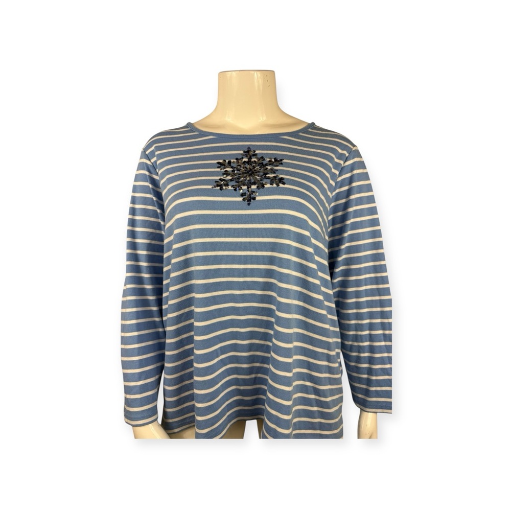 Quacker Factory blue and white  Striped Sequin snowflake top Size 3X